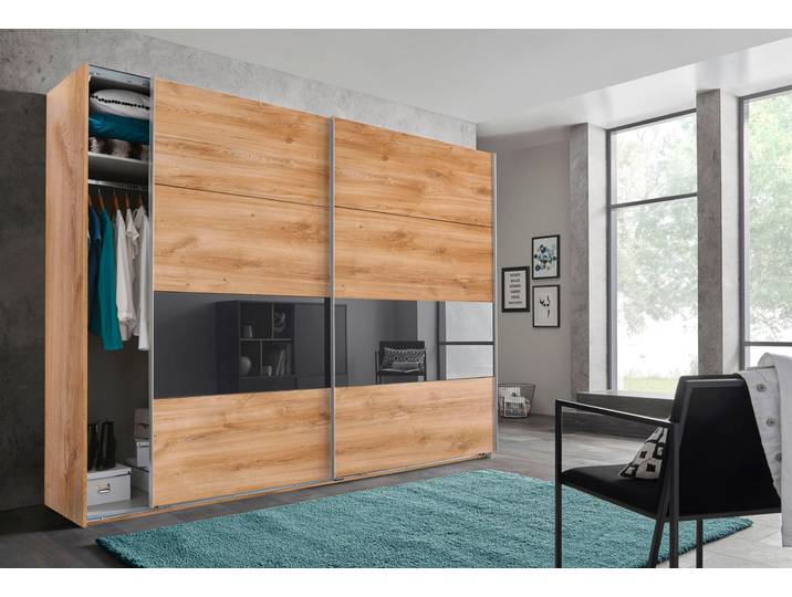 Schwebetürenschrank WIMEX Bramfeld Kleiderschrank , braun (plankeneiche, absetzung grauglas), B:270cm H:236cm T:64cm, Schränke, Schwebetürenschrank, mit Glaselementen und zusätzlichen Einlegeböden