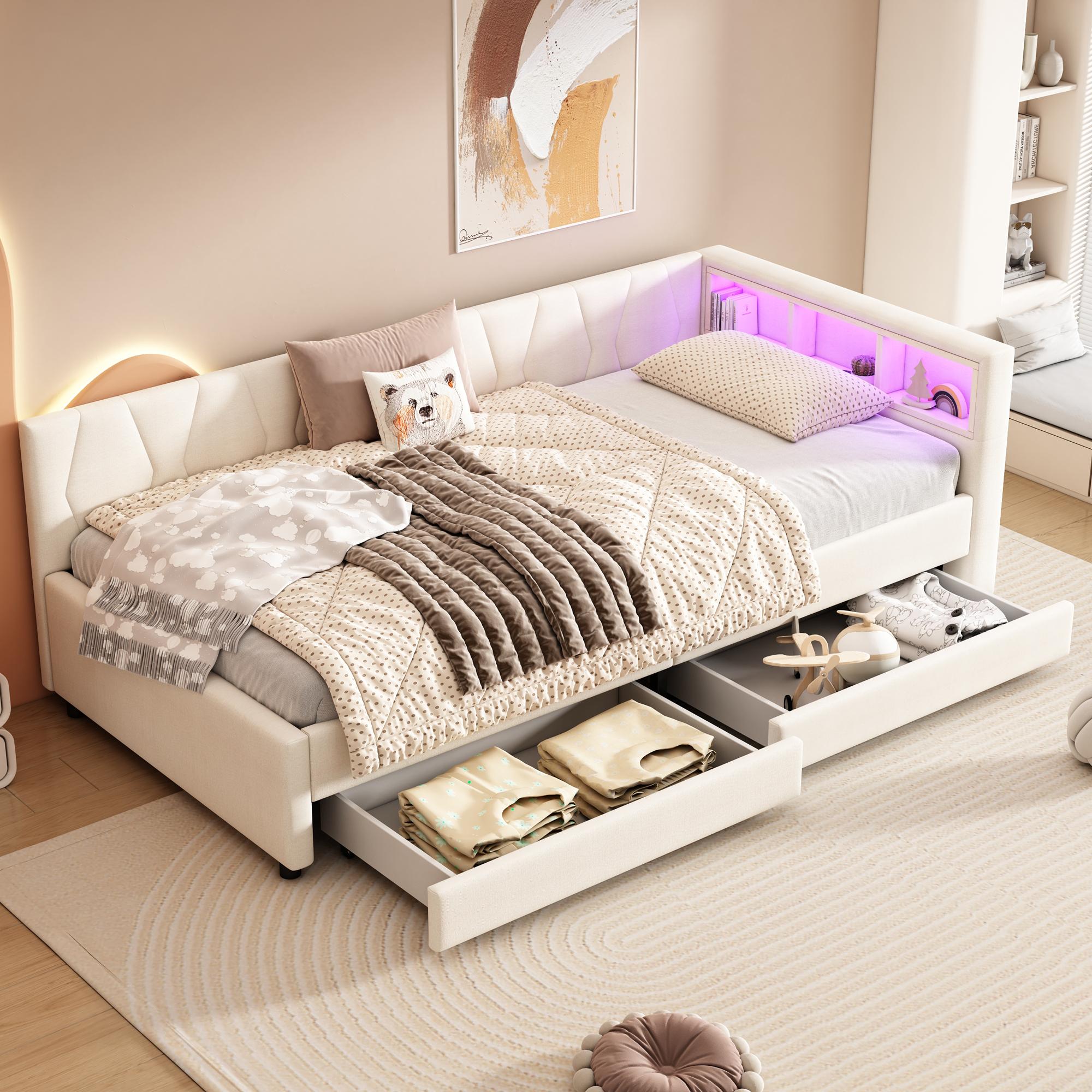 Tagesbett/Schlafsofa 90×200cm (beige, Leinen): Staufach, USB+Typ C, ferngesteuerte LED-Beleuchtung, 2 Schubladen, Lattenrost.