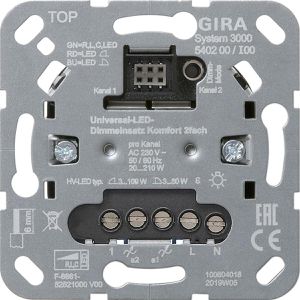 Gira Dimmer 540200 Komfort 2-fach, S 3000, Unterputz, für LED-, Halogen- und Glühlampen, Tastdimmer