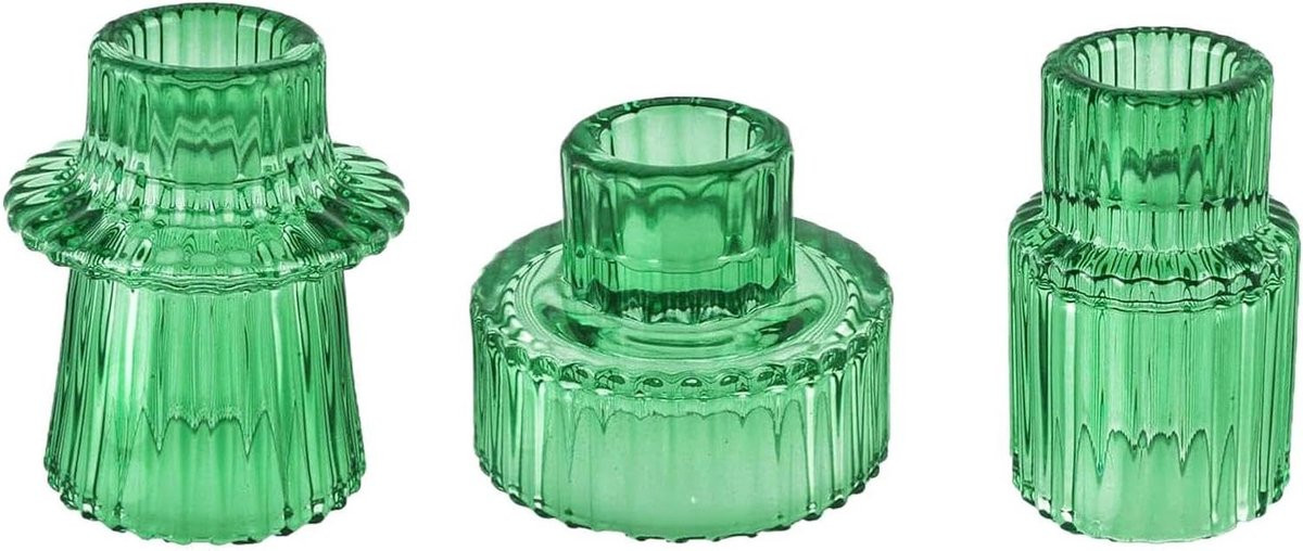 Set van 3 gestreepte glazen votiefhouders voor tealights - Groen