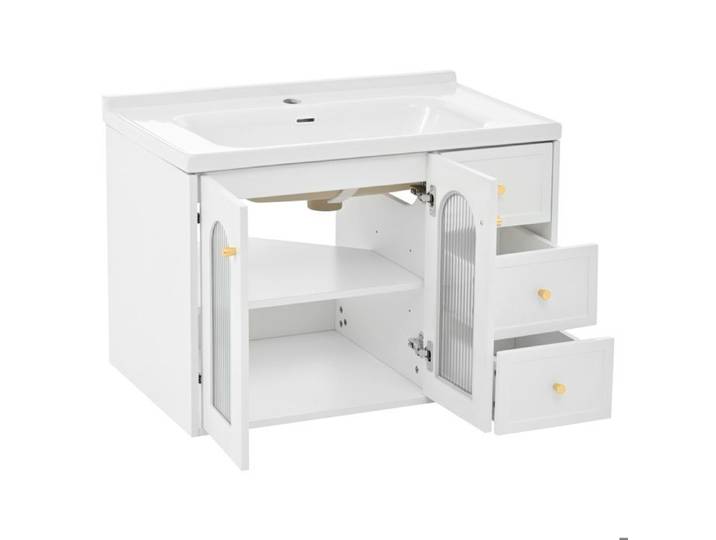 Meuble vasque suspendu - FURNITURER - 80x50x58 cm - Blanc - Lavabo céramique - 3 tiroirs