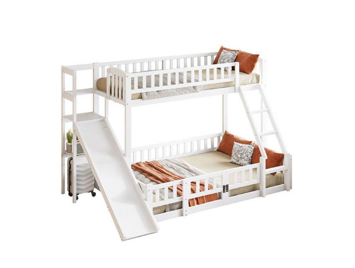 Rutaqian Etagenbett Doppelbett mit Rutsche, Geländer, Mehrere Regale (Kinderbett mit Ausziehbare kleine Tür(Ohne Matratze)