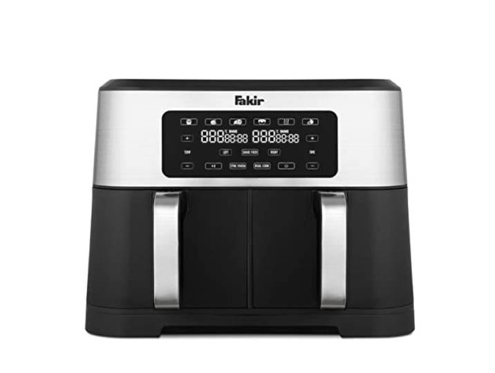 Fakir Chefry Premium DUO - 2800 Watt Heißluftfritteuse, Airfryer mit zwei Kammern zur separaten oder parallelen Nutzung,Heißluftfritteuse XXL mit Shake Food Funktion, Großes Fassungsvermögen schwarz