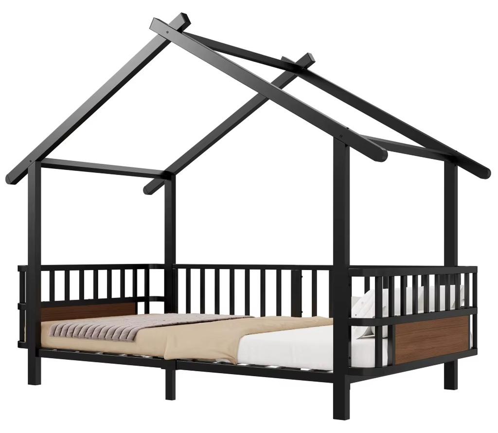 Kinderbett im Hausdesign - Metall-Einzelbett - 90 x 200 cm - Schwarz - Sicherheitsgitter - Dachdesign - Dekorativer Rahmen - Stabile Konstruktion