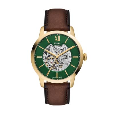 Automatikuhr FOSSIL "Townsman", grün (braun, grün, grün), Armbanduhren, Herren, gelbgoldfarben, Automatikuhr, Armbanduhr, Mechanische Uhr, Lederarmband, analog
