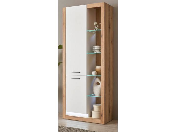 Furn.Design Standvitrine Rivian (großer Vitrinenschrank in Eiche Dekor und matt weiß, 80 x 195 cm) mit 10 Fächern