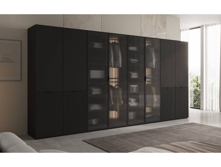 Moduro Rivon – Modularer Design-Kleiderschrank mit geriffelter Glasfront und Strukturpaneelen - Grau - Luxusbetten24