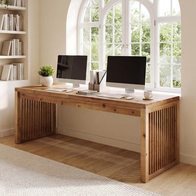 Lee Solid Wood Double Computer Desk with Mission-Style Slat Legs, Farmhouse Wooden Large Office Computer Desk
