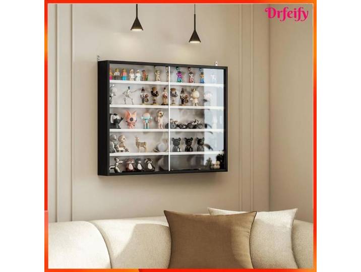 Vitrine murale pour objets de collection - AKOZON - 8797 - Noir - 5 niveaux réglables - Portes coulissantes en verre
