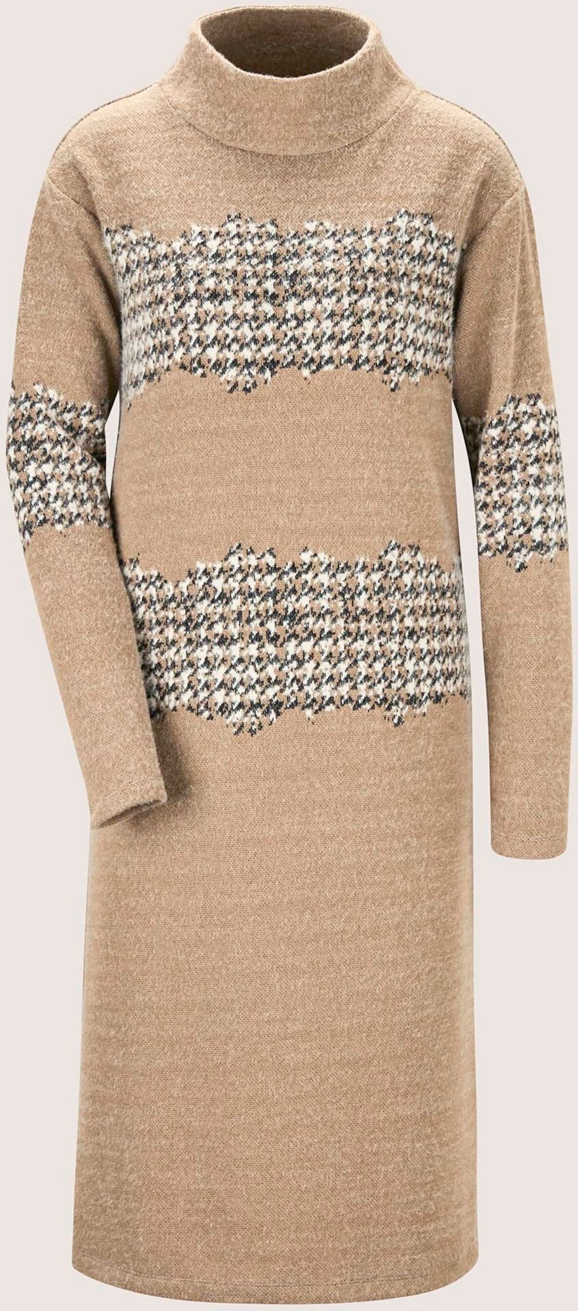 Midikleid MADELEINE "Kleid H-Linien-Kleid mit Hahnentritt", Damen, Gr. 42, beige, wollweiß, marine, Modern, gerade, hoch geschlossener Ausschnitt, Kleider Midikleid