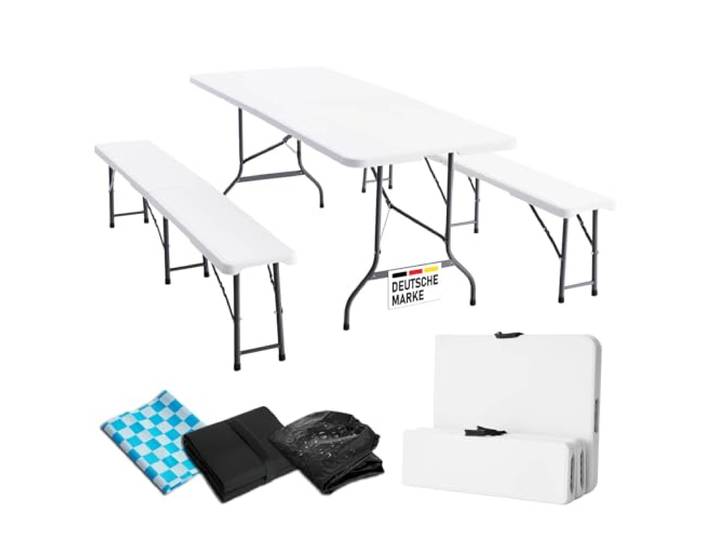 BRAST Bierzeltgarnitur Josef 3er Set klappbar 1x Tisch 180x74x74cm & 2X Sitzbank für 10 Personen 2 Varianten inkl. Gratis Zubehör Einrastsystem & Tragegriffe Weiß