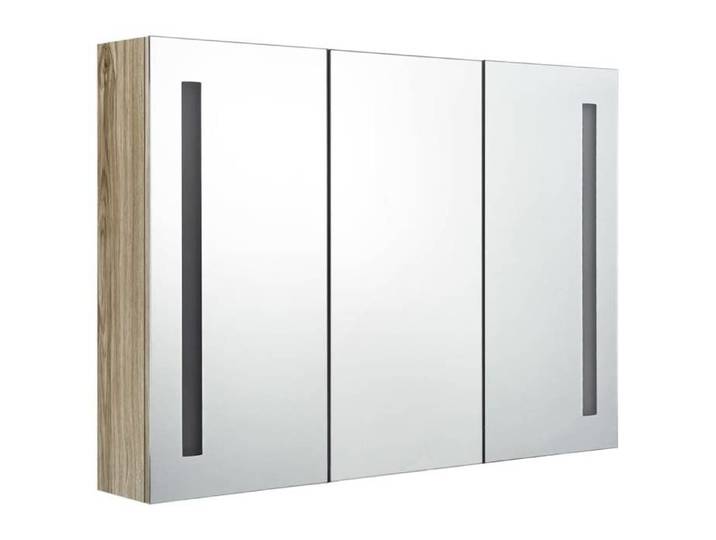 Armoire de salle de bain à miroir LED - WIENS - 89x14x62 cm - Chêne - 3 portes - 5 étagères - Bouton marche/arrêt