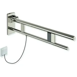 HEWI Stützklappgriff Duo System 900, Design A, Edelstahl PVD nickelglänzend, Ausladung 750 mm, rechts, mit Spül- und Funktionstaste