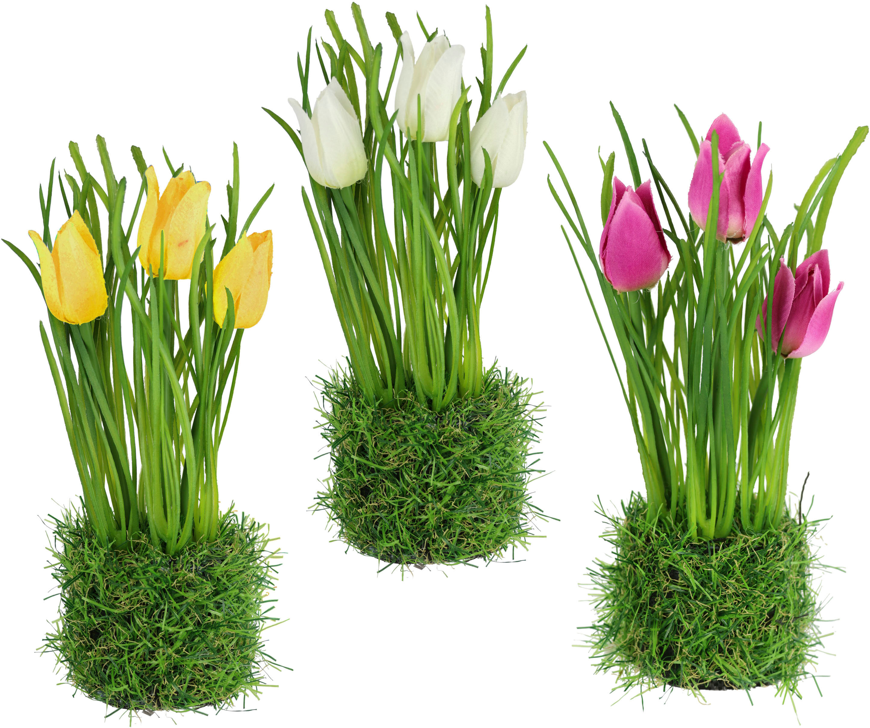Kunstblume I.GE.A. "Künstliche Tulpe im Gras", bunt (variiert), B:8cm H:21cm L:7cm, Polyester, Kunstpflanzen, Osternest 3erSet Grasbusch Osterdeko Ostern Osternest Grasbusch