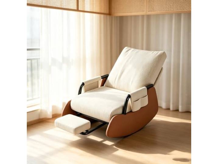 Lounge Schaukelstuhl mit Ausziehbarer Fußstütze Ergonomischer Schaukelstuhl mit ausziehbarer Fußstütze und Seitentasche für tägliche Entspannung.