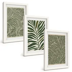BILDER SET 3er Set - 20x30 cm Weißer Rahmen - Blattmuster wellenförmige Formen