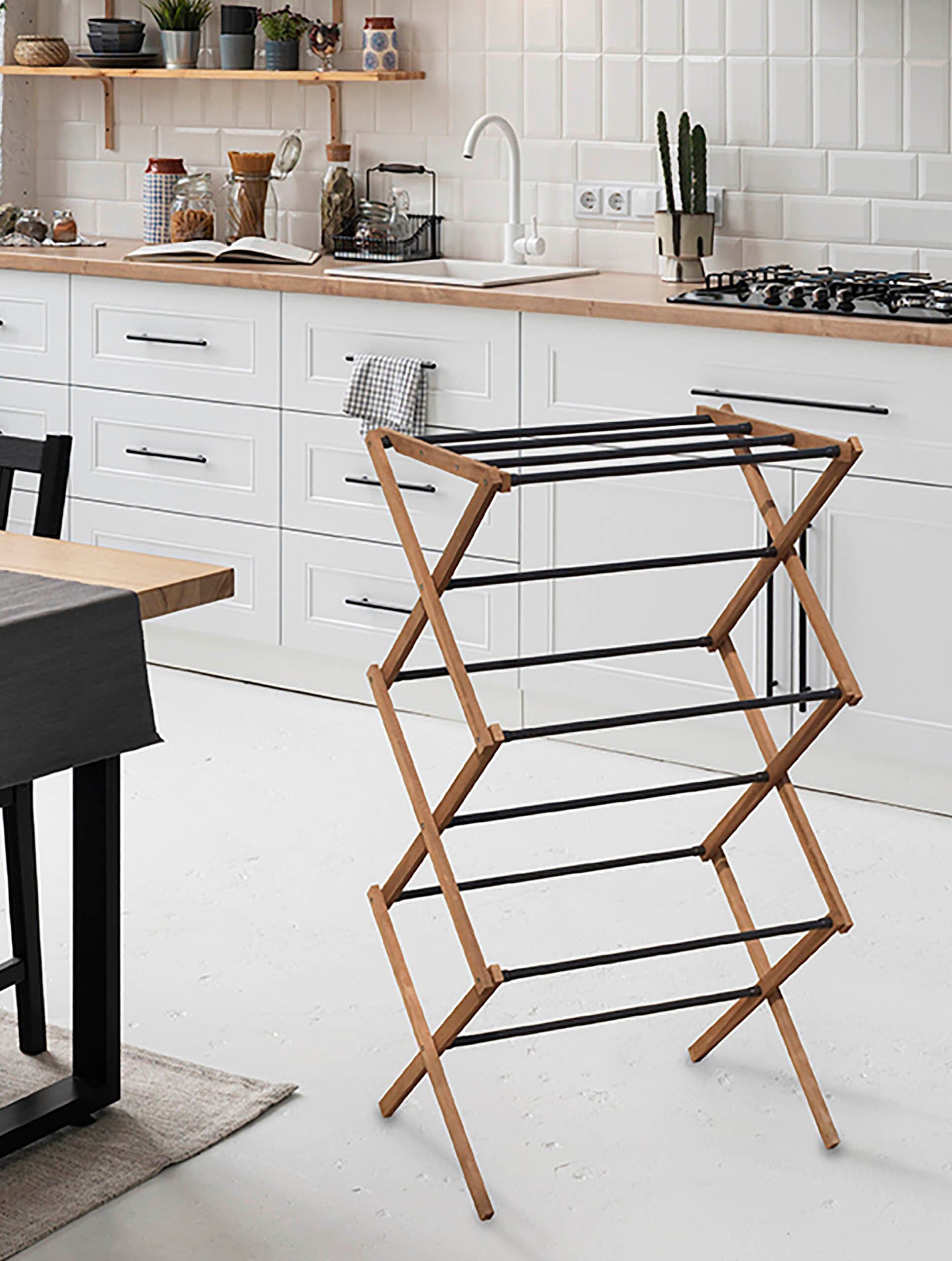 Wäscheständer BISCHOF "Falt-Turm", braun (schwarz, braun), B:73cm H:97,2cm T:38,5cm, Holz, Metall, Wäscheständer, Wäscheständer, Eschenholz/Metall, 5 kg. Belastbarkeit, platzsparend zu verstauen schwarz, braun Einheitsgröße