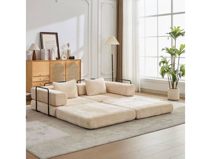 Canapé-Lit 200x100x63 cm Modulable en Chenille Beige - Canapé Convertible - 2 Places - Sans Montage - Design Pliable - Mousse