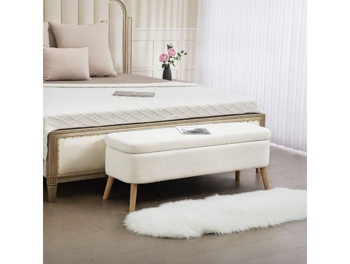 HOMCOM Tabouret Rangement 65L Tissu Polaire Bois Blanc Crème