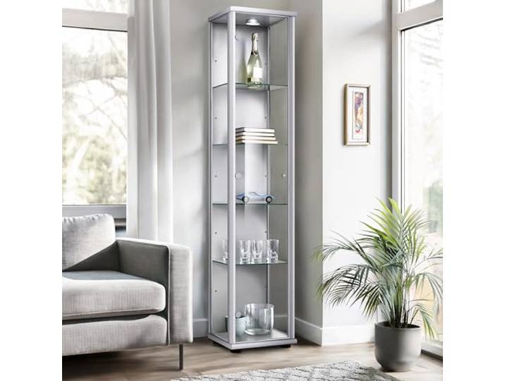 K-Möbel Glasvitrine Stehend (176x37x33cm) - Made in Germany - Vitrinenschrank Silber/Alu mit 4 höhenverstellbaren Glasböden & LED - Vitrine Glas stehend - Glasschrank - Display Cabinet