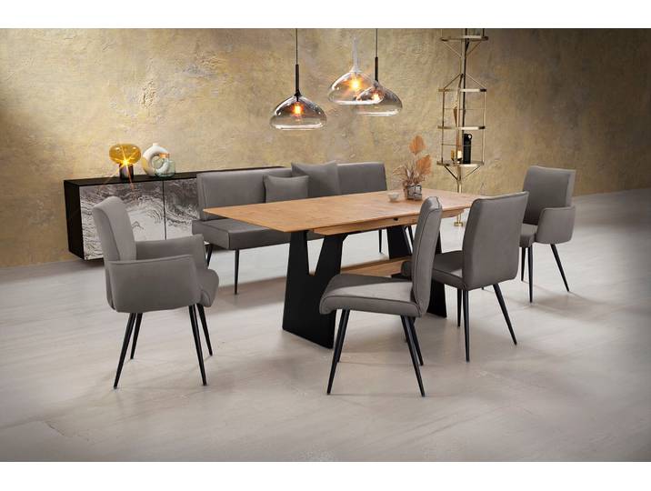 Essgruppe, Leder CLOUD, Granit, 180×90 cm, Ausziehbar, 2 Stühle & 2 Armlehnenstühle, K+W