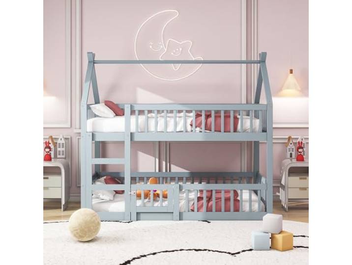 Bellemave Etagenbett 90x200cm,Kinder-Hausbett mit Schutzgeländer,Grau Massivholz-Rahmen, Loft-Design, integrierte Treppe & sichere Schutzgeländer, belastbar bis 120 kg, ohne Matratze