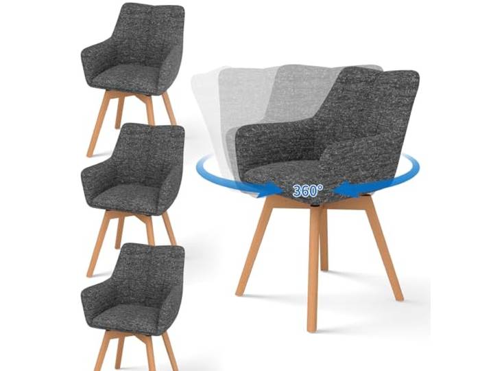 WAFTING Esszimmerstühle 4er Set Drehbar 360° mit Holzbeinen, Grau Tweed-Stoff, Armlehnstuhl, Moderner Polsterstuhl, Drehstuhl, Esszimmerstuhl Drehbar, Wohnzimmer, Arbeitszimmer, Schlafzimmer