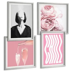BILDER SET 4er Set - 50x50 cm & 40x60 cm Silberner Rahmen - Stilvolles Porträt mit Champagner