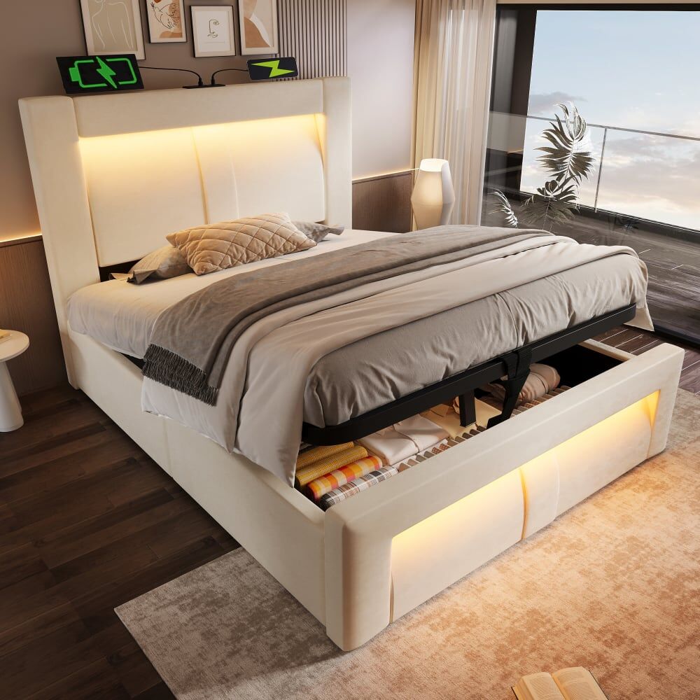 KOMHTOM Lit simple en velours de polyester beige 90x200 cm Beige 217x107x93cm