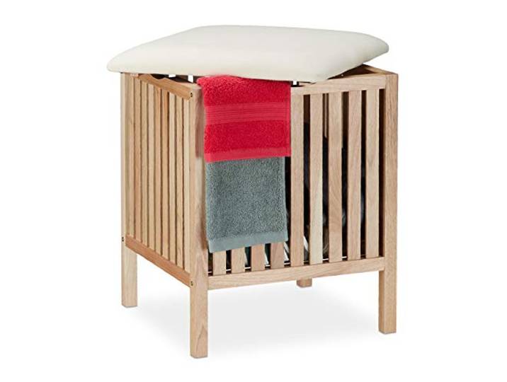 Relaxdays Panier à linge avec siège\, Tabouret de salle de bain\, rangement\, 40l\, bois/tissu\, 51x41x41 cm\, naturel/blanc