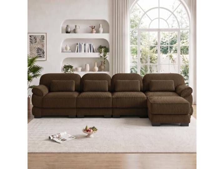 SoarTalent 336cm Modulares Sofa 4-Sitzer mit 1 Hocker, Ecksofa L-Form, Braun