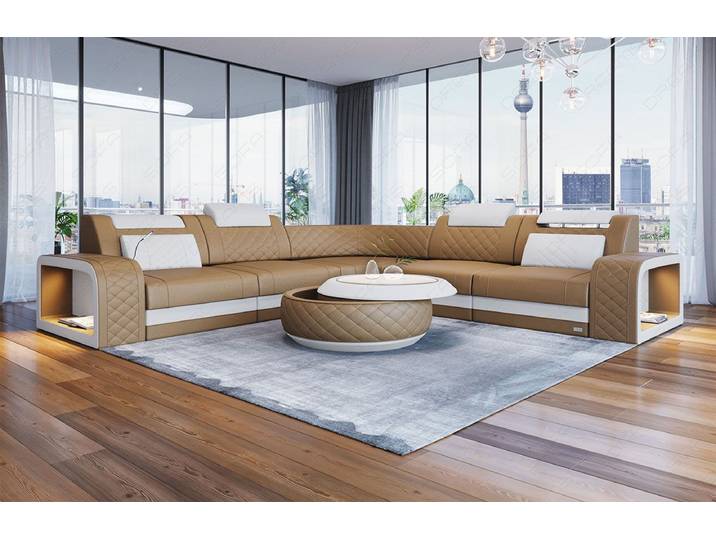 Sofa Dreams Ecksofa Foggia L Form Mini Leder, 4 versch. Lederarten, Couch, 4-Sitzer, LED, verstellbare Kopfstützen