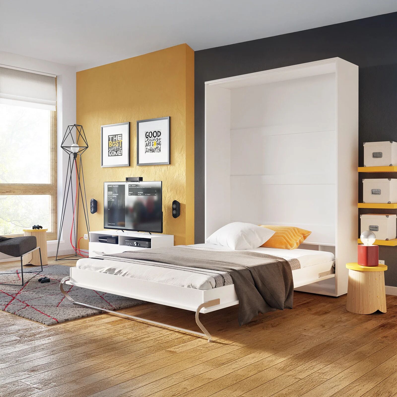 garneroarredamenti Letto a scomparsa verticale 140x200 cm alla francese bianco Chimera