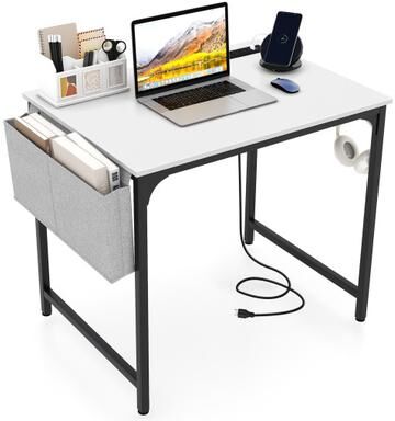 Costway 32 Inch Computer Desk Small Home Office Desk with Charging Station-White