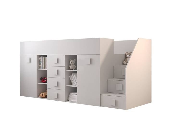 QMM TraumMöbel Hochbett TELLY 3 mit Treppe rechts (Bett, Schrank, Schreibtisch, Schubladen, Regale, Treppe) ausziehbarer Schreibtisch