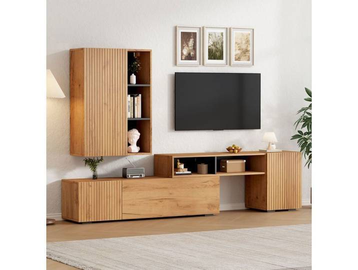 Ensemble meuble TV comprenant un meuble TV vertical un meuble de présentation suspendu ensemble meuble TV de salon couleur bois