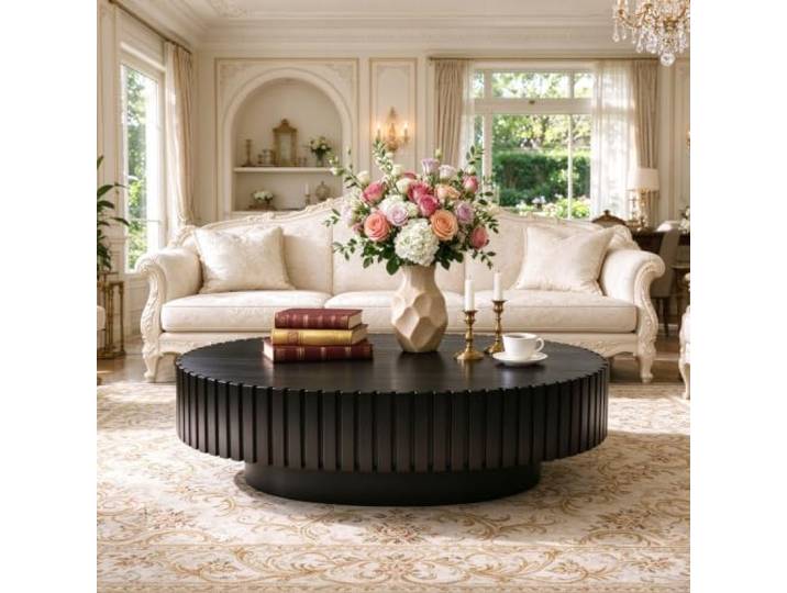 RZTPYS Ovaler Trommel‑Couchtisch Mit Stabilem Sockel,Black 43.3 Moderner Geriffelter Holz‑Couchtisch, Oval Zentral‑Tisch Akzent‑Teetisch Für Wohnzimmer Wohnung Büro Empfangsraum