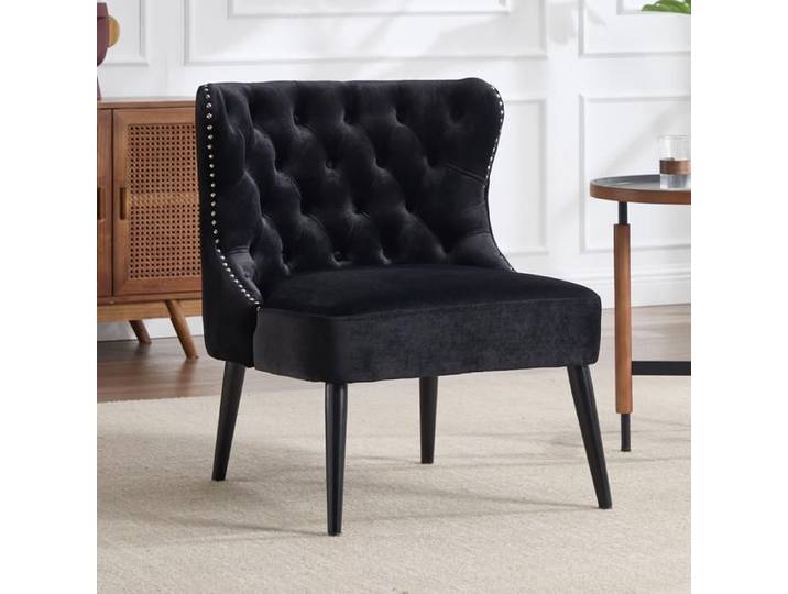 chairus Fauteuil Velours avec Pieds Bois Chaise de Salon pour Chambre Fauteuil Crapaud avec Rivets et Boutons Décoratifs Noir