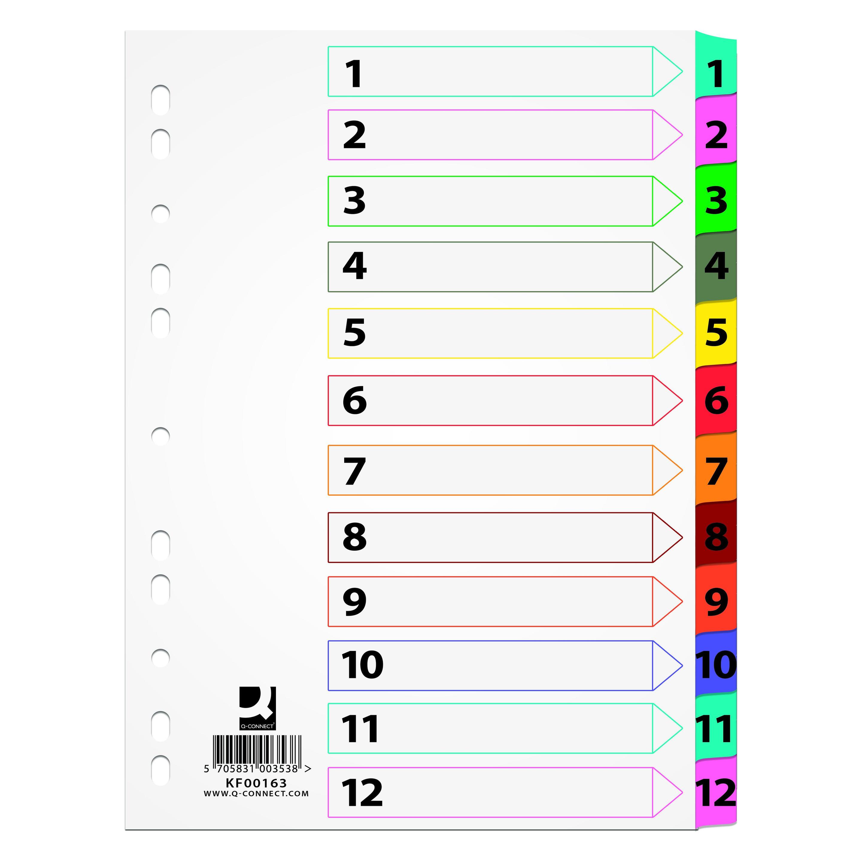 Q-Connect Mylar-Trennblätter, Karton, A4, 225 x 297 mm, 1-12, 12 Karten, laminiert. Index, Farbmischung (41300172)