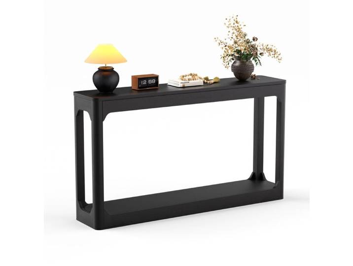 ELVORIN Console longue 140 cm 2 niveaux de rangement ouvert MDF noire pour entrée couloir salon et bureau