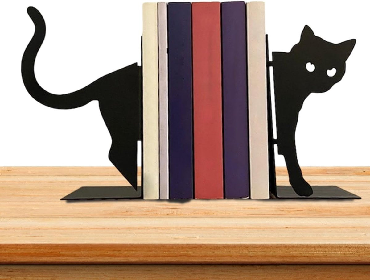 Zwarte metalen boekensteunen met katten decoratie, Breedte: 15,2 cm