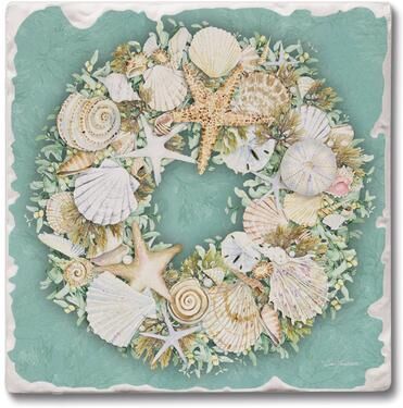 Counterart Absorbent Stone Coasters - Coastal Wreath - Set of 4 - 4x4x1.154