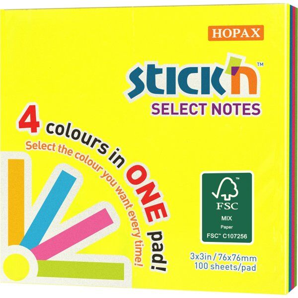 Stick'N Select Notes, 76x76 Mm, 4 Neonfarver