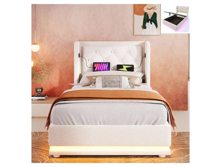 Lit rembourré avec rangement - Lit simple 90x200 cm - Beige - Coton - Rangement hydraulique sous le lit