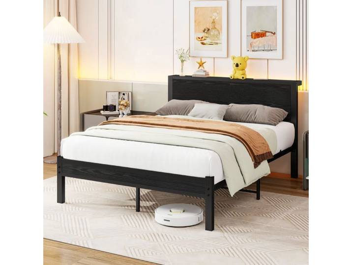 URTR Lit plateforme métal 140x200 cm - Rangement sous lit - Tête de lit à rangement - éclairage LED et prise - Silencieuse - Noir
