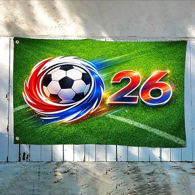 Fußball-Themenflagge 2026 – zeigt einen dynamischen Fußball mit Farbwirbeln „26" auf grünem Grashintergrund, strapazierfähig