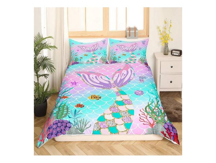 LuxusKollektion Kinderbettwäsche Bettwäsche Set Meerjungfrauen 200x200 Regenbogen Pailletten