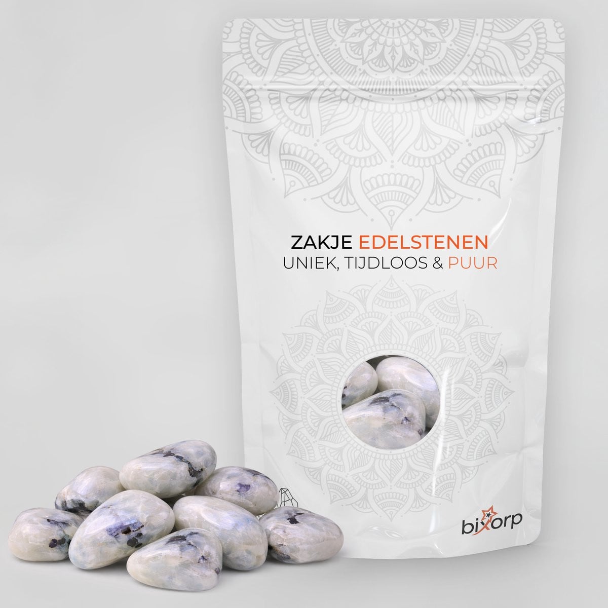 Bixorp Zak met Trommelstenen Maansteen - 200g - 100% Natuurlijke Maansteen Edelsteen Knuffelsteen