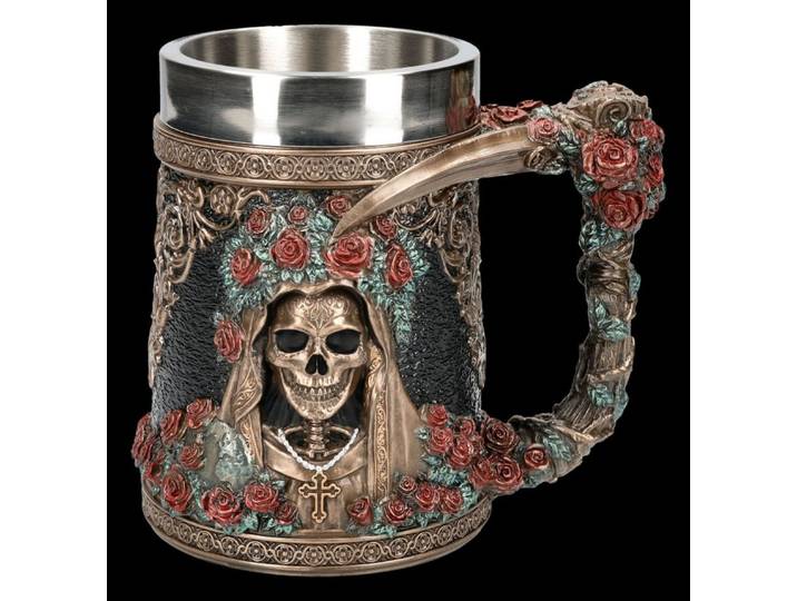 Figuren Shop GmbH Bierkrug Santa Muerte Bierkrug - Gothic Totenkopf Krug Veronese 15 cm Bierkrug, Kunststein (Polyresin), Edelstahl