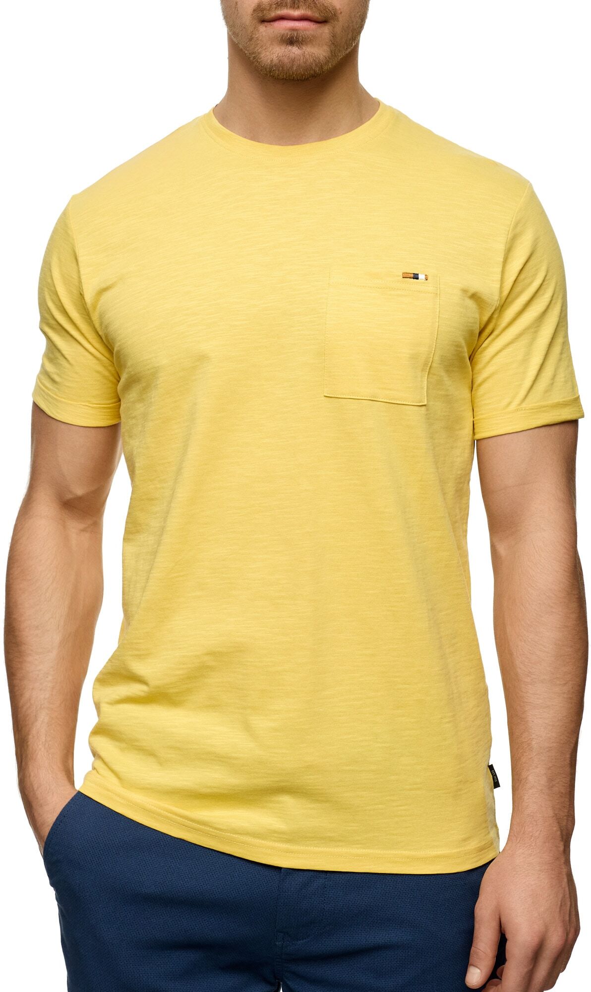 Rundhalsshirt INDICODE "INAndorra", Herren, Gr. XL, gelb (misted gelb), Single Jersey, Obermaterial: 100% Baumwolle, unifarben, regular fit hüftlang, Rundhals, Shirts Rundhalsshirt, Baumwolle, regular fit misted gelb XL